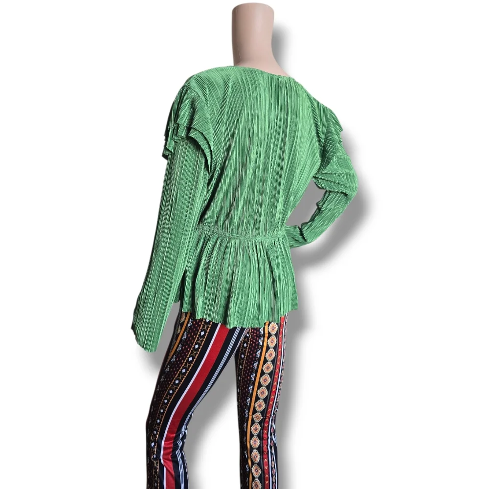 Zara Green Pleated Short Sleeve Blouse - Picture 8 of 16